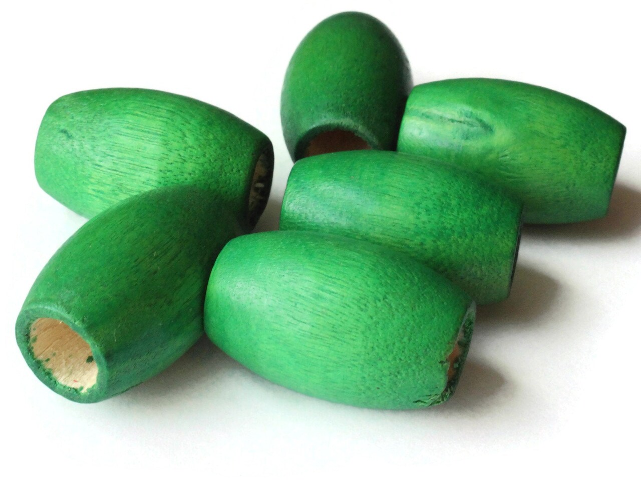 6 30mm Green Wood Barrel Beads Wooden Tube Beads Large Hole Macrame Beads